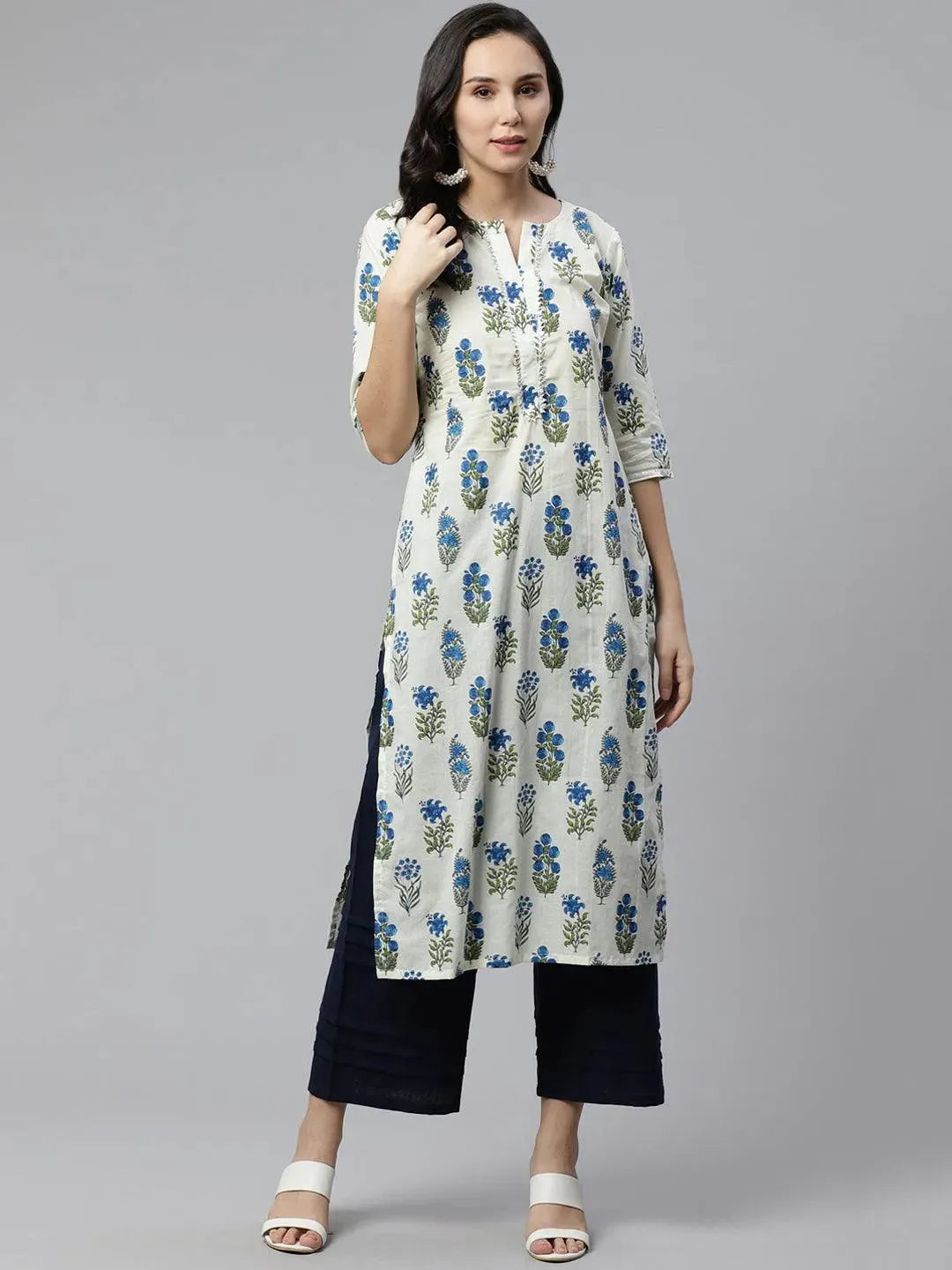 Off-White Printed Cotton Kurta - Libas