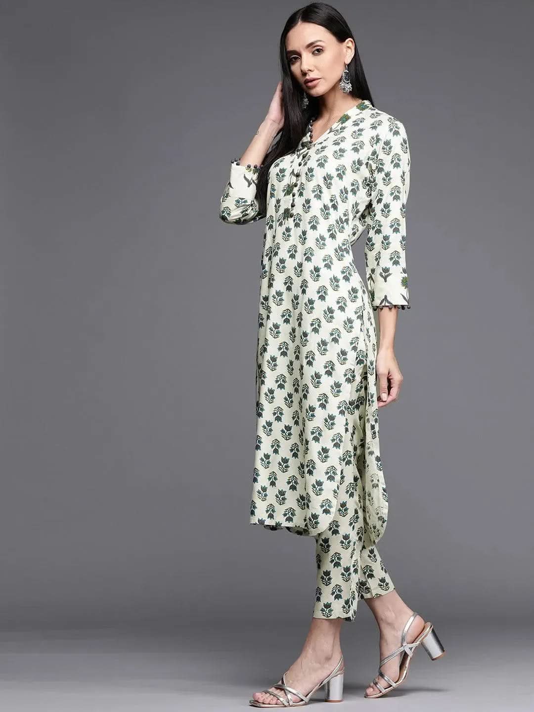 Off White Printed Cotton Kurta - Libas