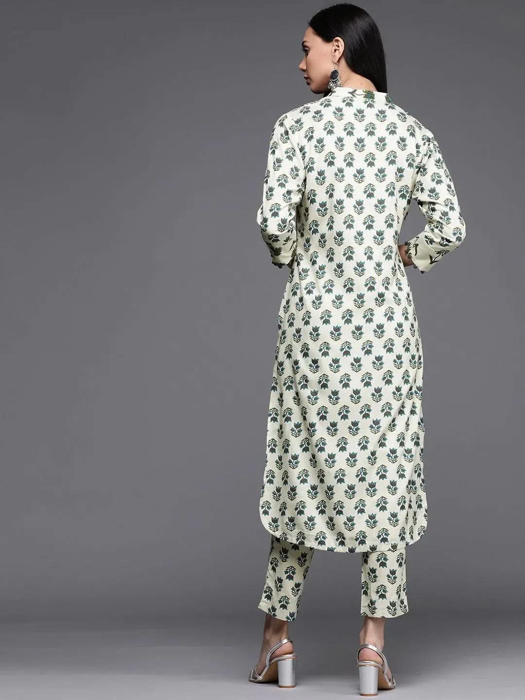 Off White Printed Cotton Kurta - Libas