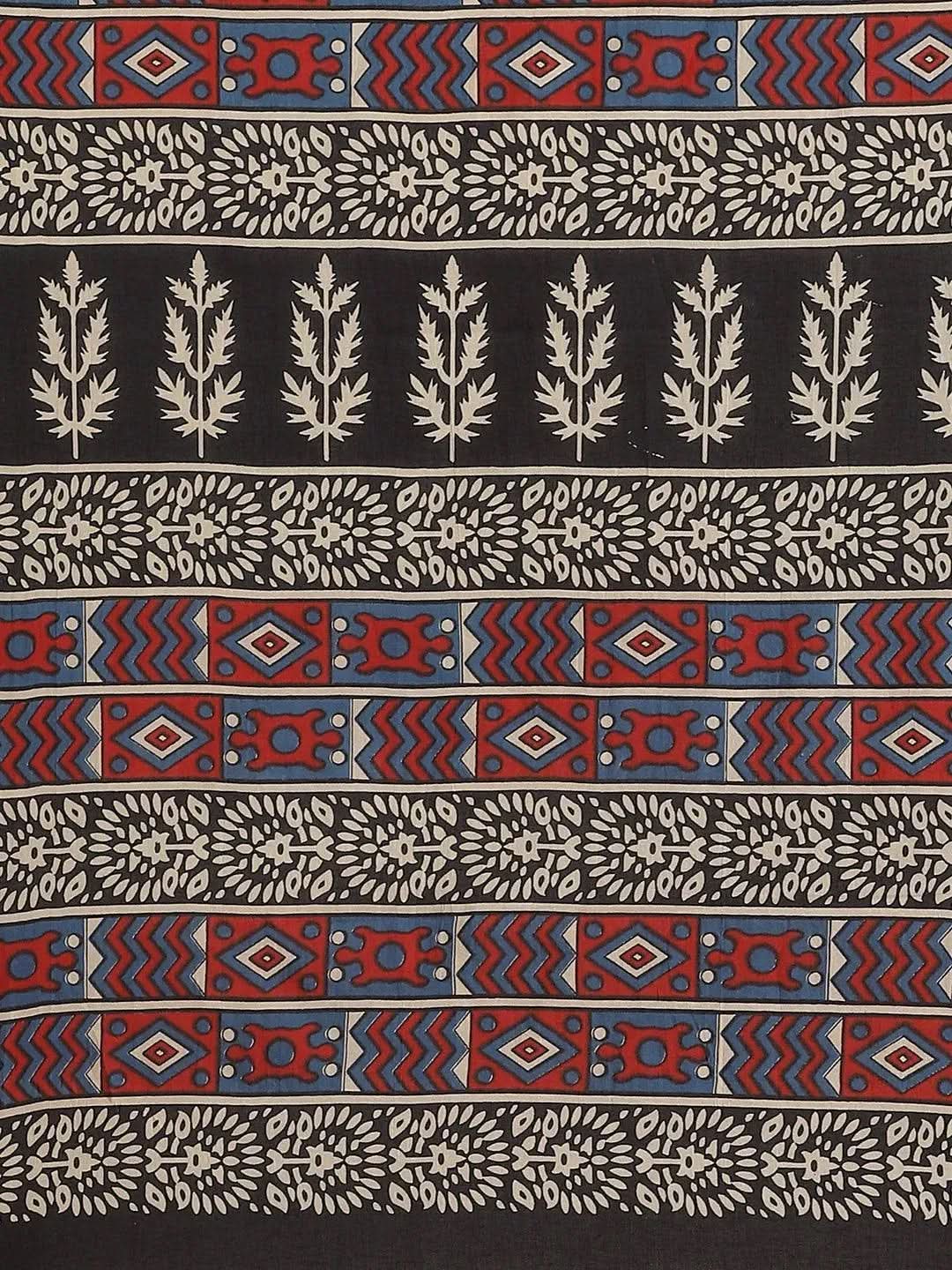 Off White Printed Cotton Saree - Libas