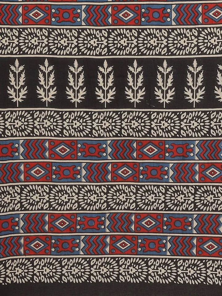 Off White Printed Cotton Saree - Libas