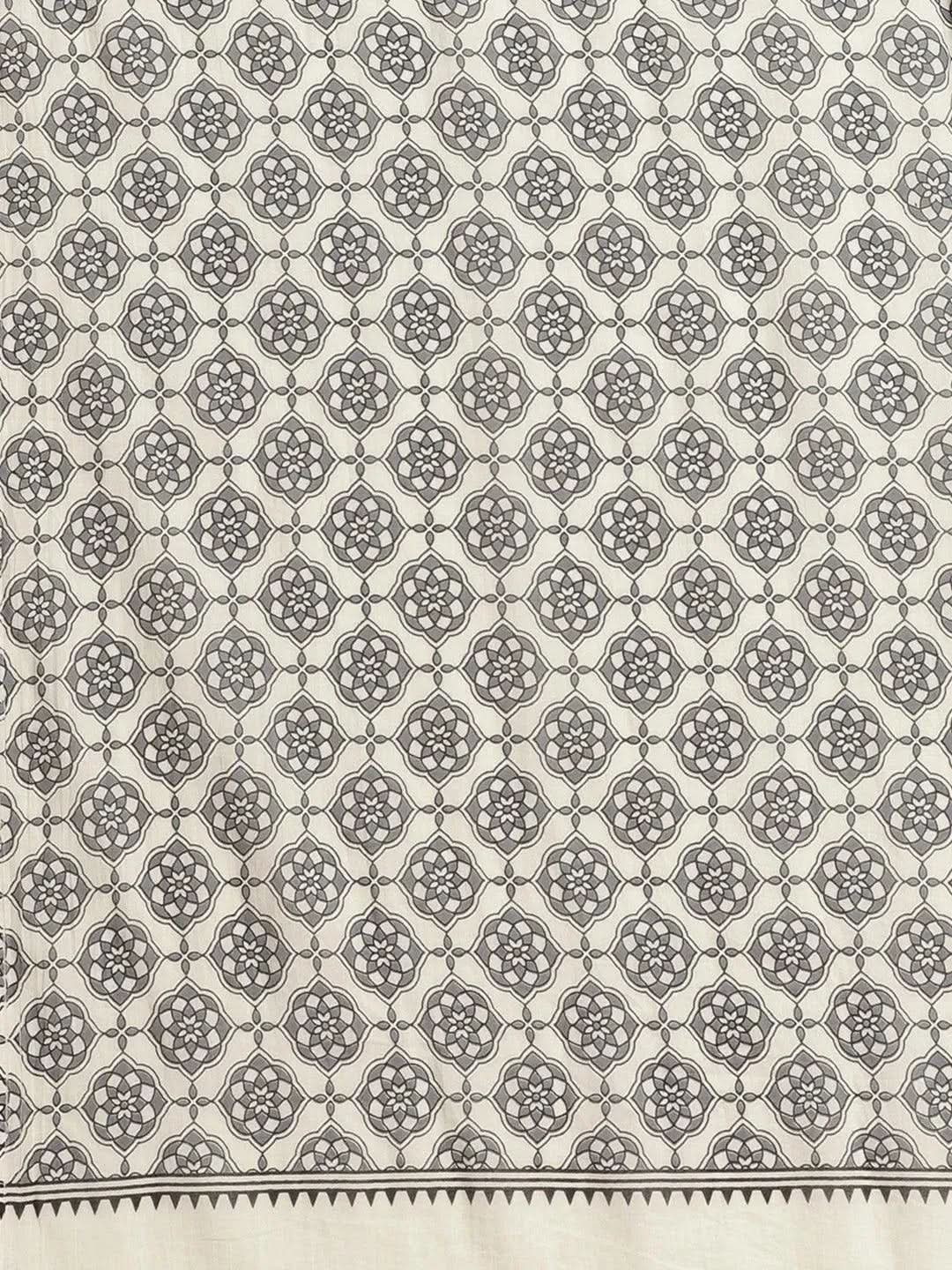 Off White Printed Cotton Saree - Libas