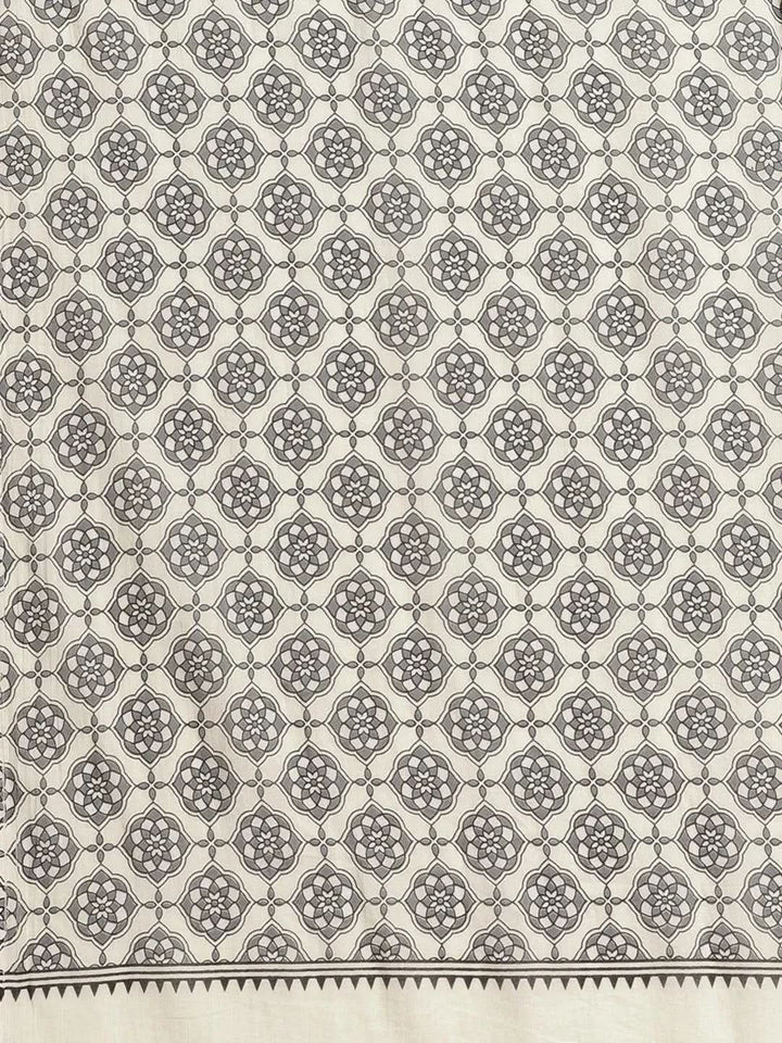 Off White Printed Cotton Saree - Libas