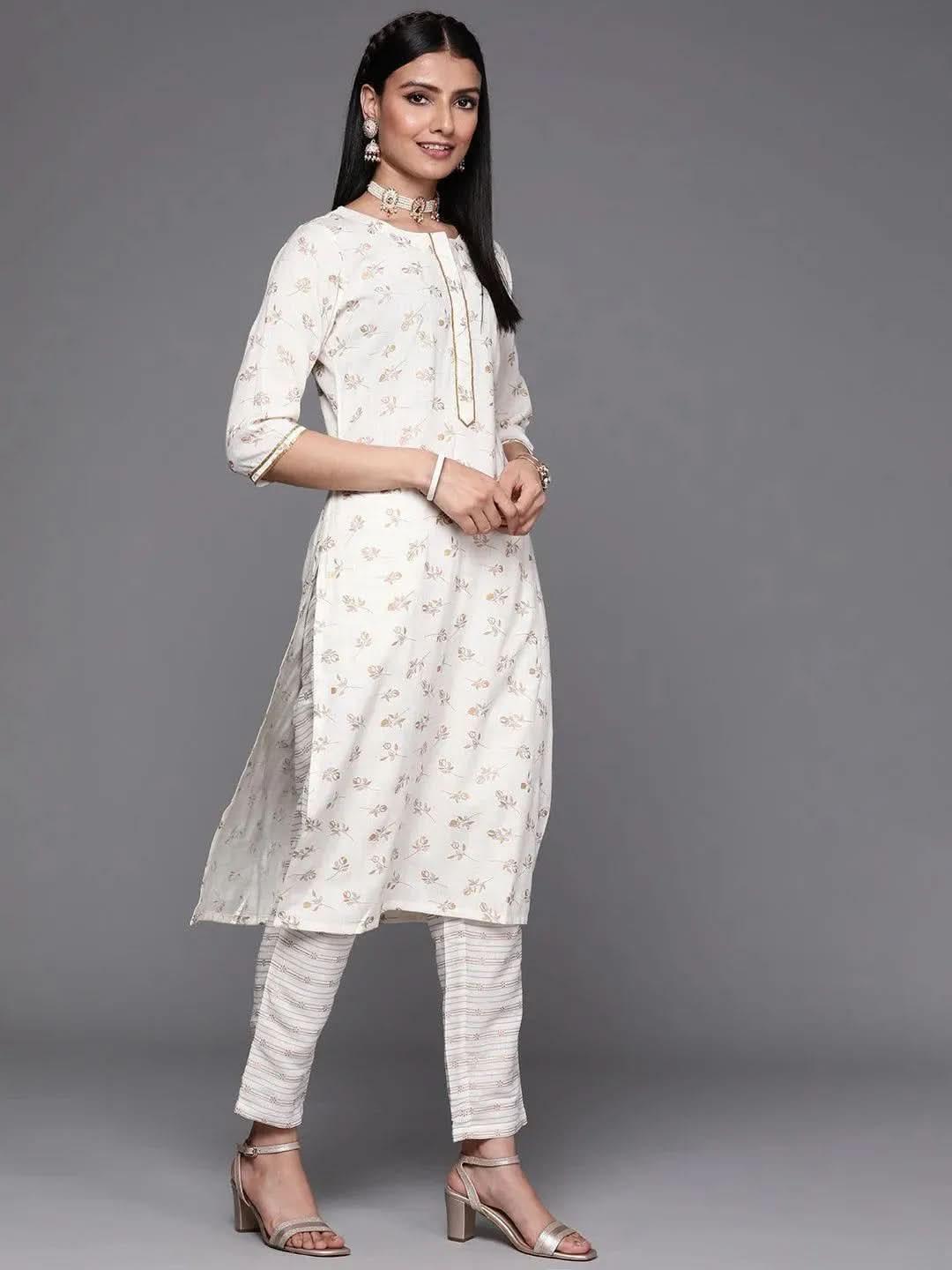 Off White Printed Cotton Suit Set - Libas