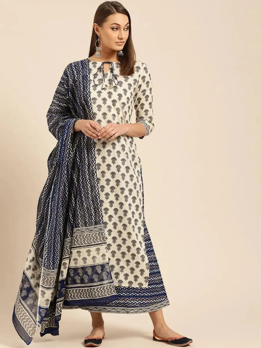 Off-White Printed Cotton Straight Kurta With Palazzos & Dupatta 
Off-White Printed Cotton Straight Kurta With Palazzos & Dupatta