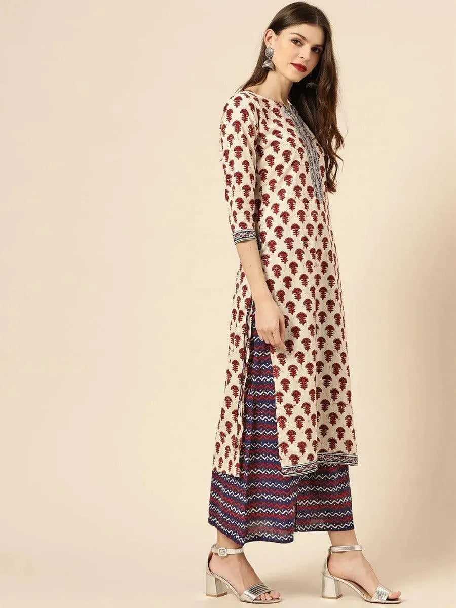 Off-White Printed Cotton Straight Kurta With Palazzos & Dupatta
Off-White Printed Cotton Straight Kurta With Palazzos & Dupatta