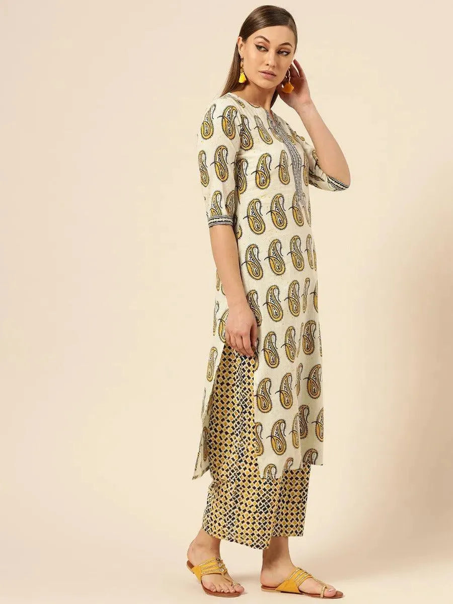 Off-White Printed Cotton Straight Kurta With Palazzos & Dupatta
Off-White Printed Cotton Straight Kurta With Palazzos & Dupatta