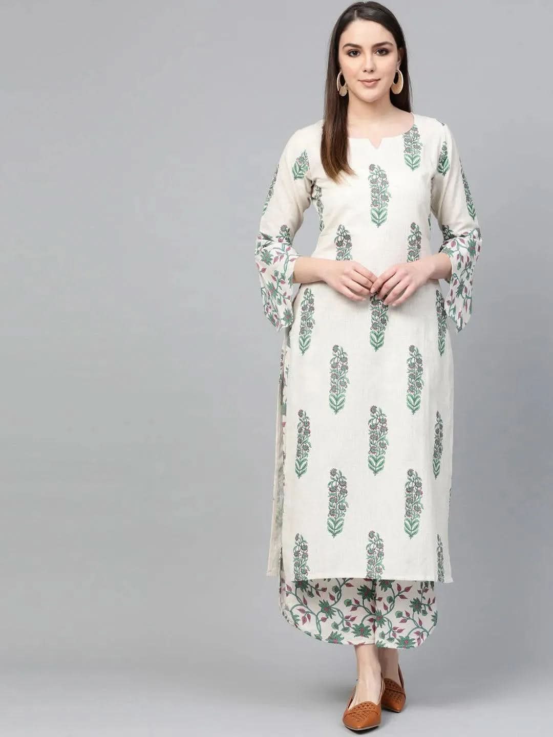 Off White Printed Cotton Kurta Set - Libas