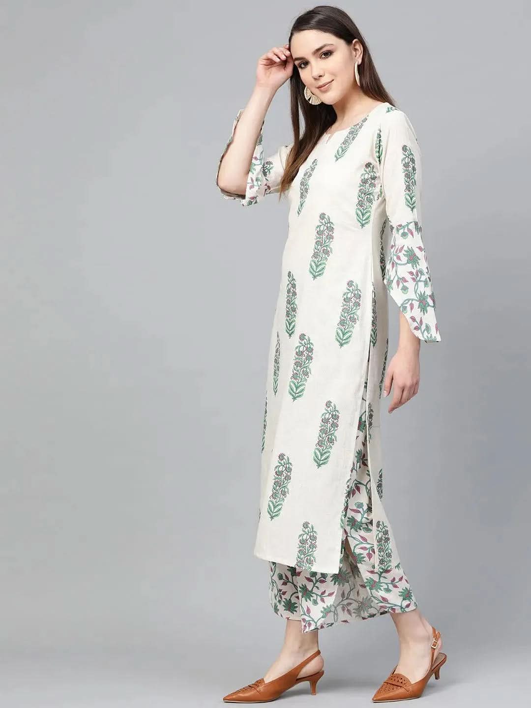 Off-White Printed Cotton Straight Kurta With Palazzos
Off-White Printed Cotton Straight Kurta With Palazzos