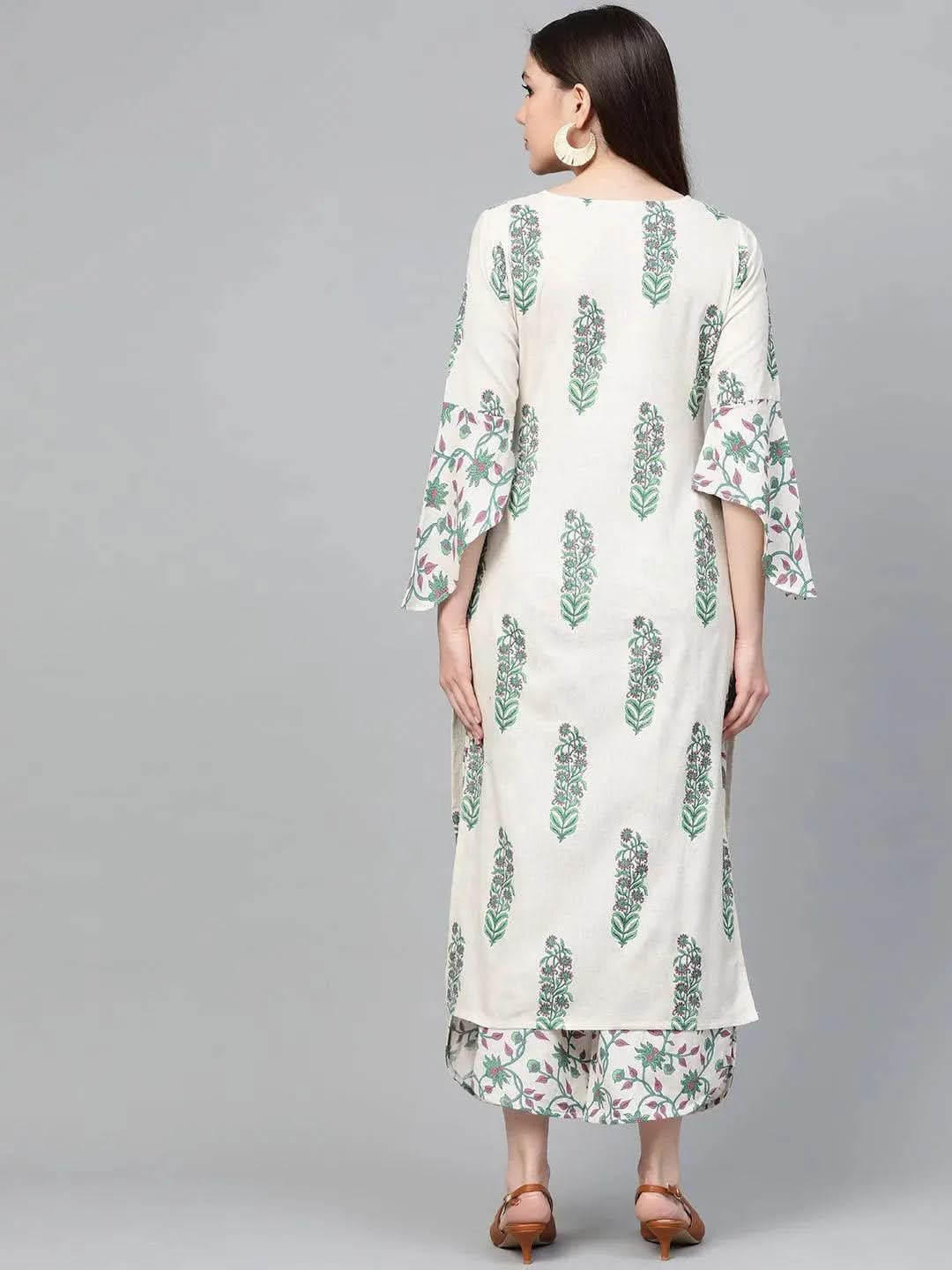 Off White Printed Cotton Kurta Set - Libas