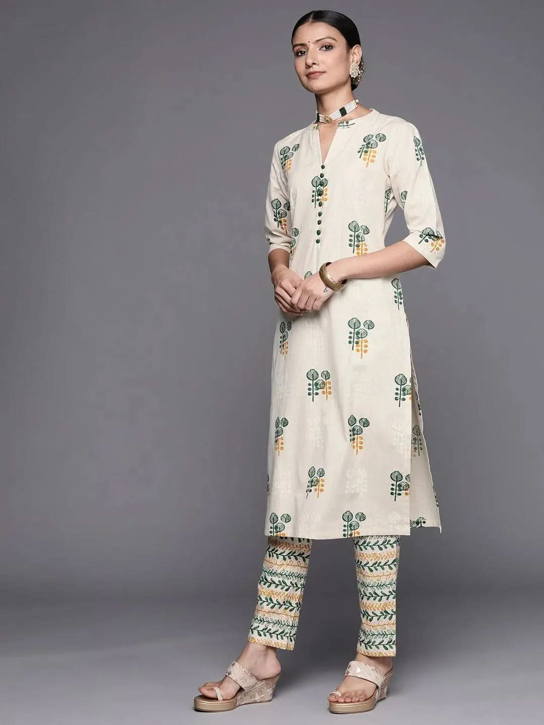 Off White Printed Cotton Straight Kurta Set - Libas