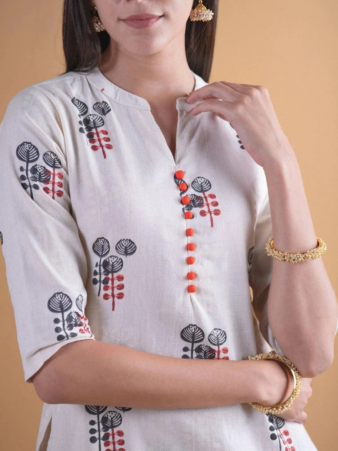 Off-White Printed Cotton Kurta Set - Libas