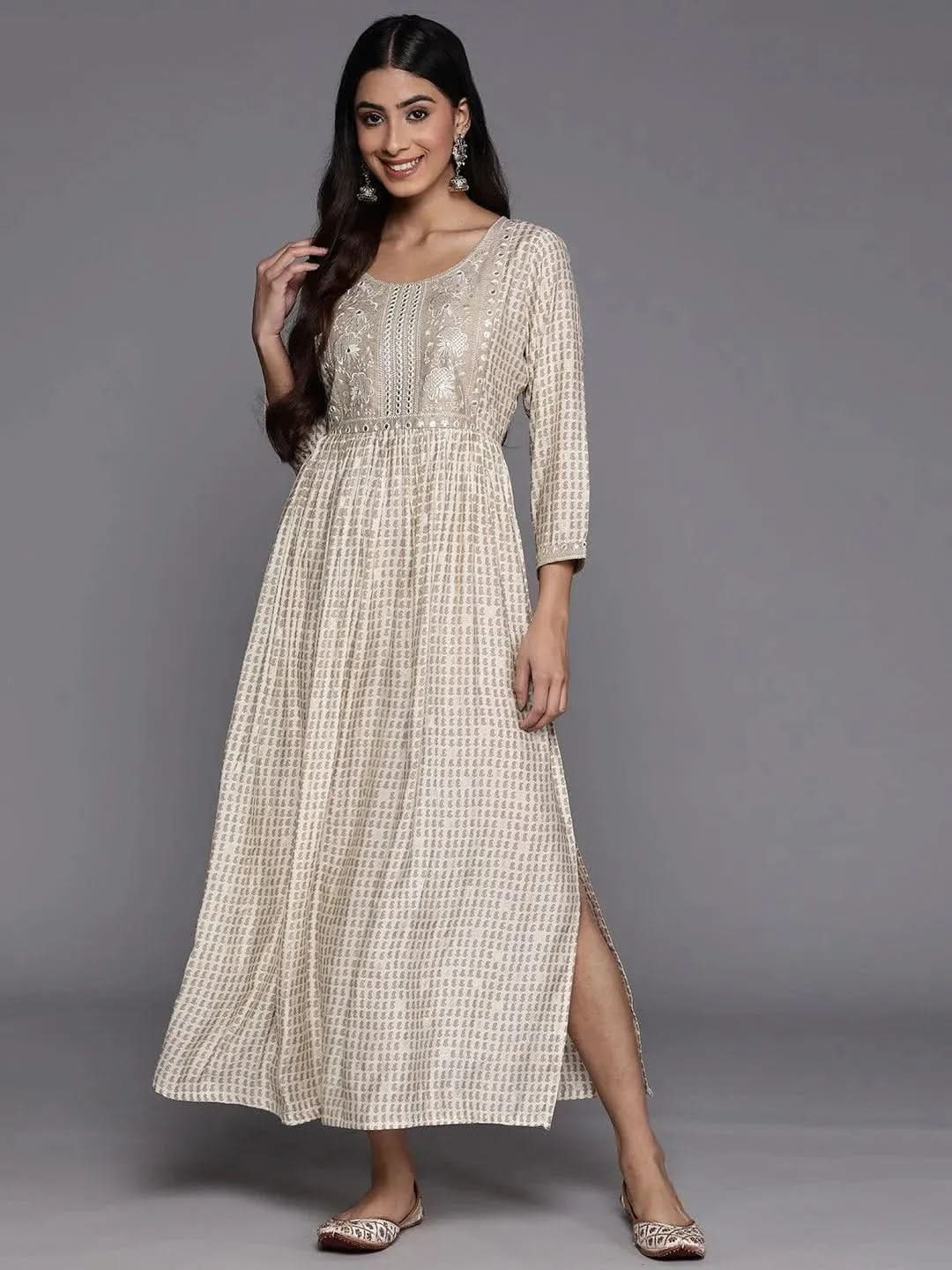 Off White Printed Fit and Flare Silk Dress - Libas