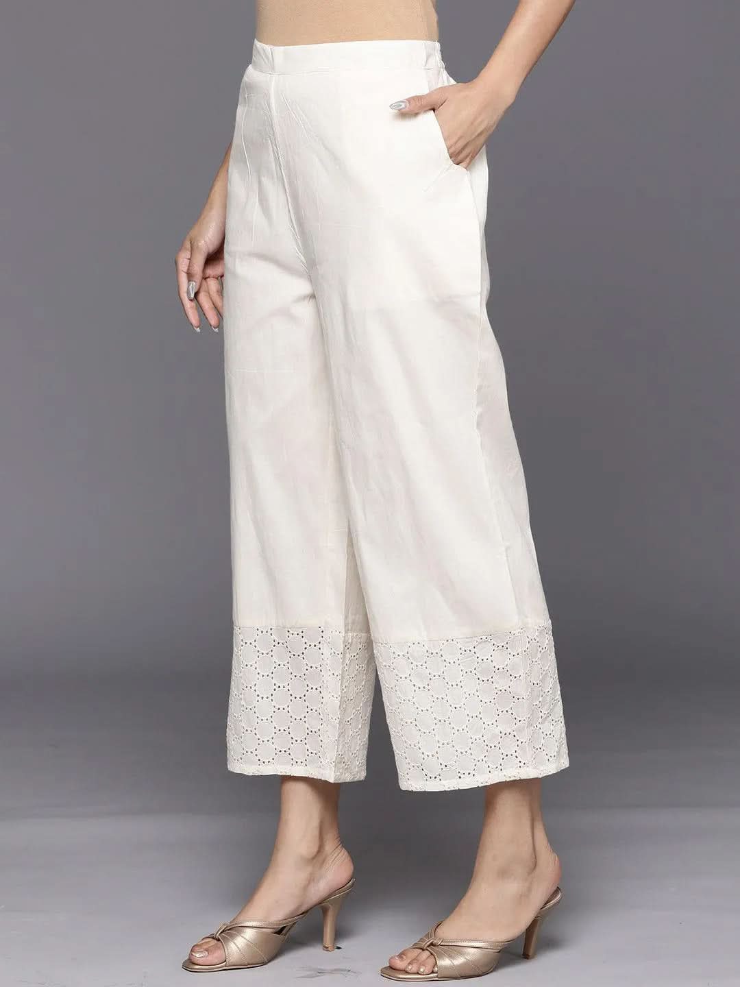 Off White Schiffli Cotton Palazzos - Libas