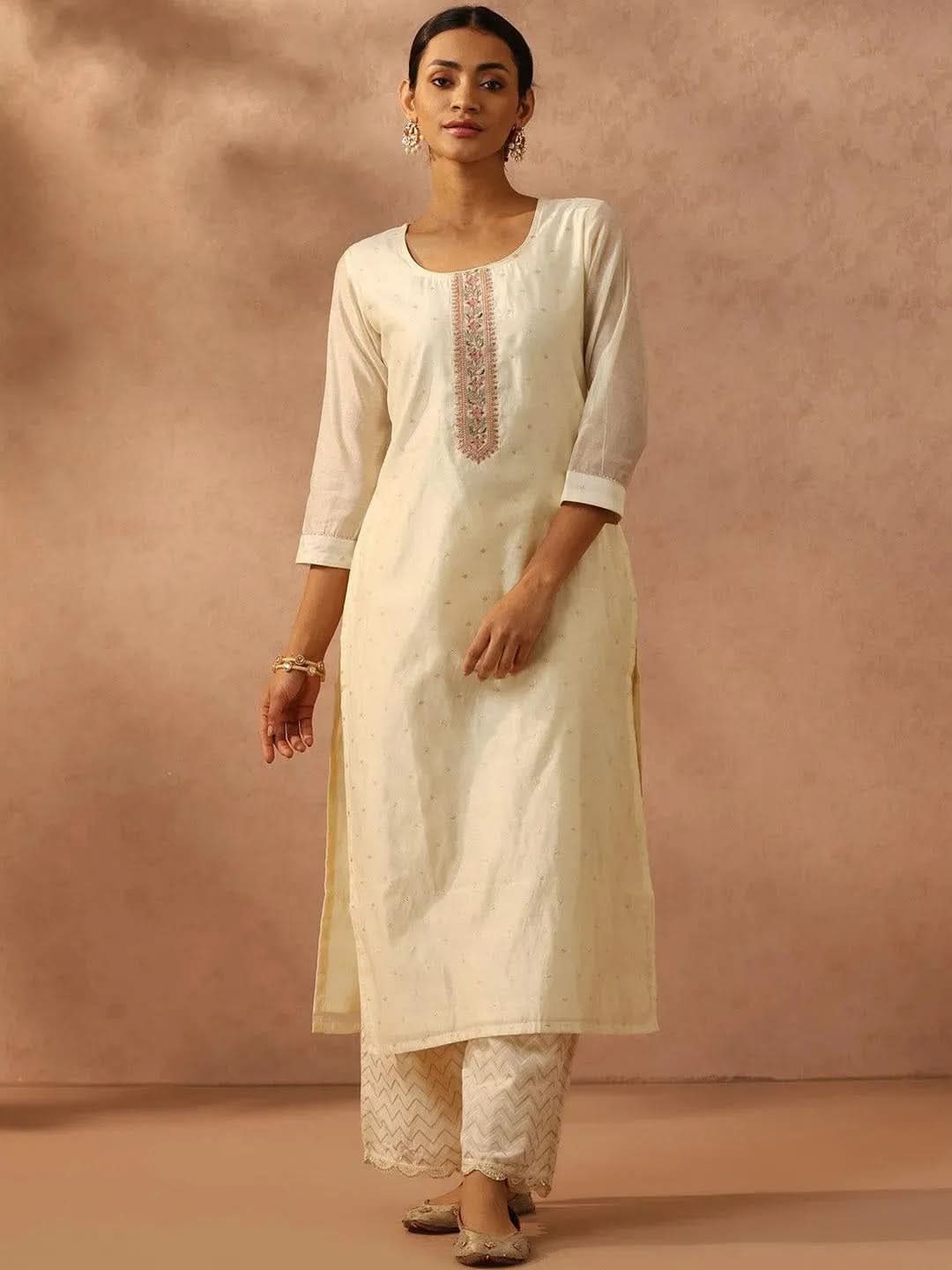 Off White Embroidered Chanderi Silk Straight Kurta - Libas