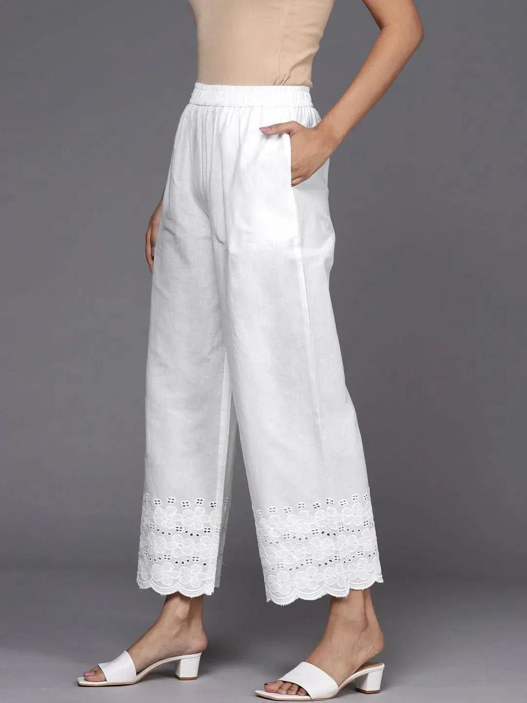 Off White Solid Cotton Palazzos - Libas