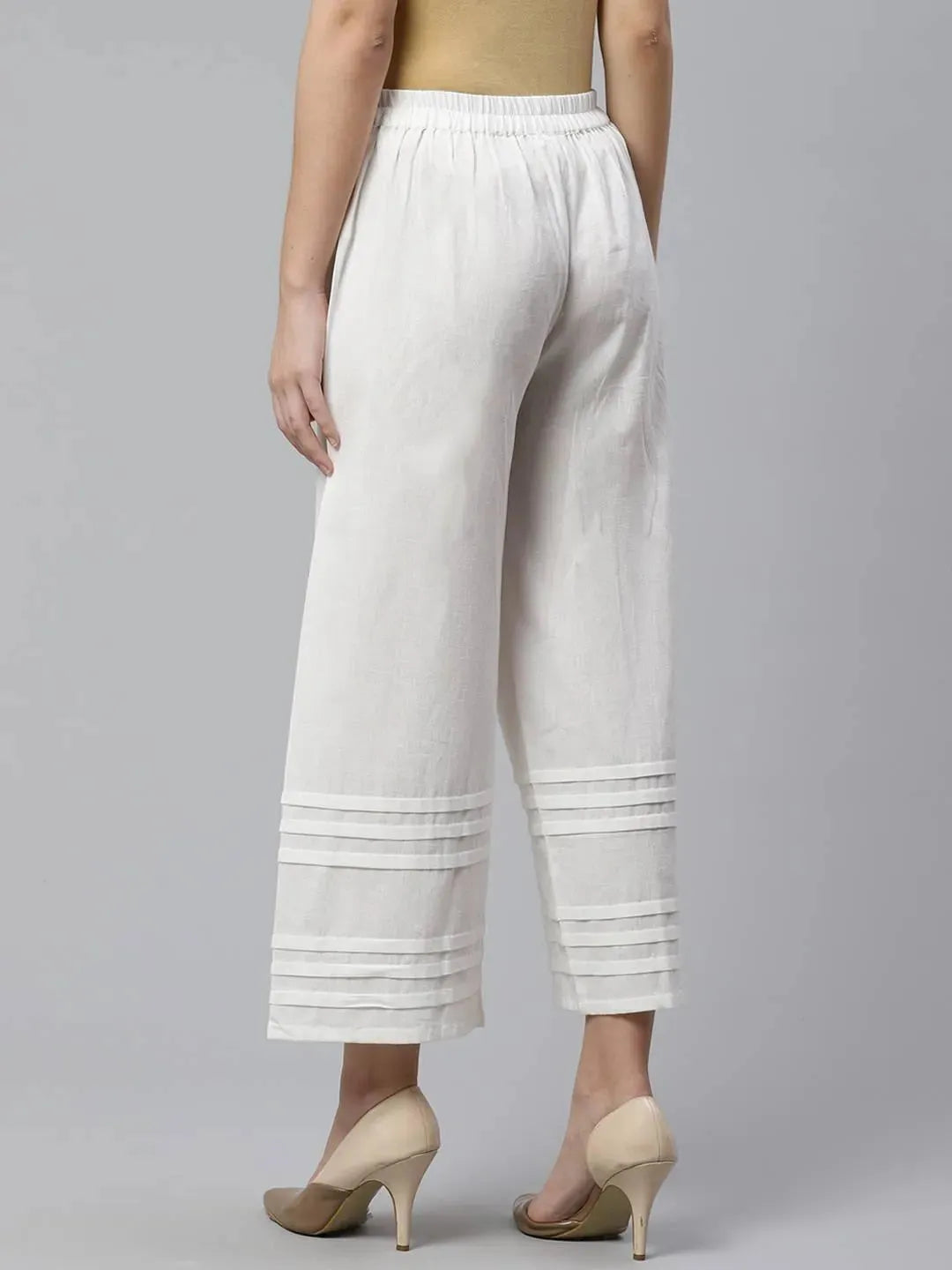 Off-White Solid Cotton Palazzos - Libas