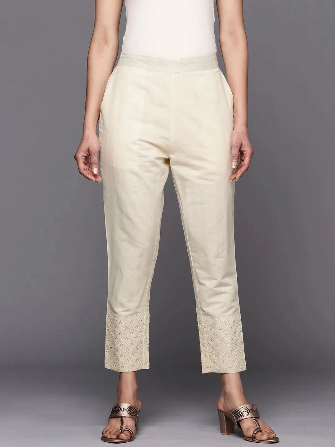 Off White Solid Cotton Trousers - Libas