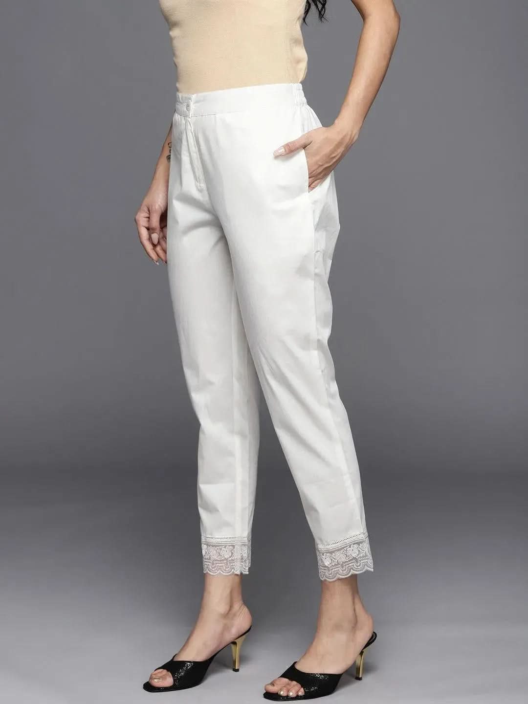 Off White Solid Cotton Trousers - Libas
