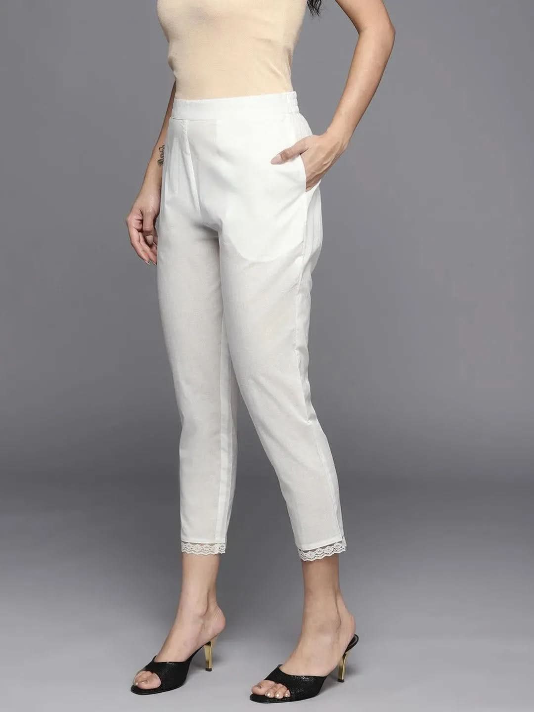 Off White Solid Cotton Trousers - Libas