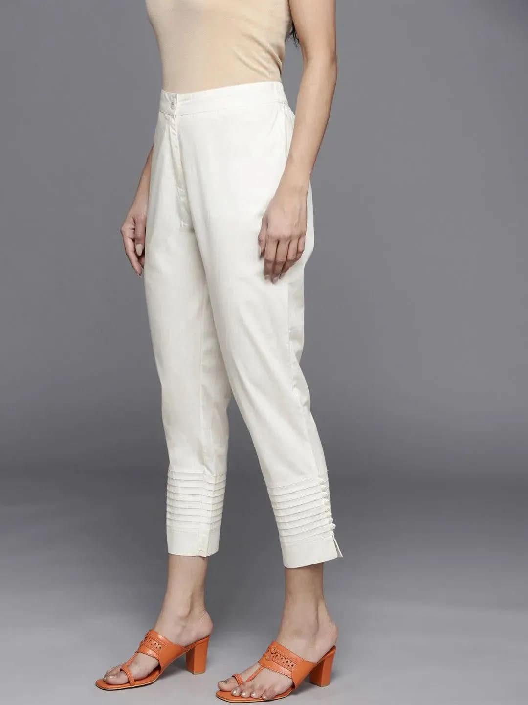 Off White Solid Cotton Trousers - Libas