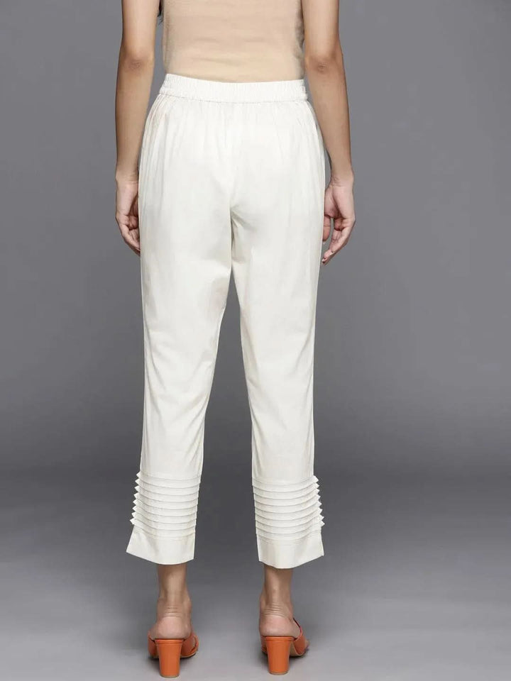 Off White Solid Cotton Trousers - Libas