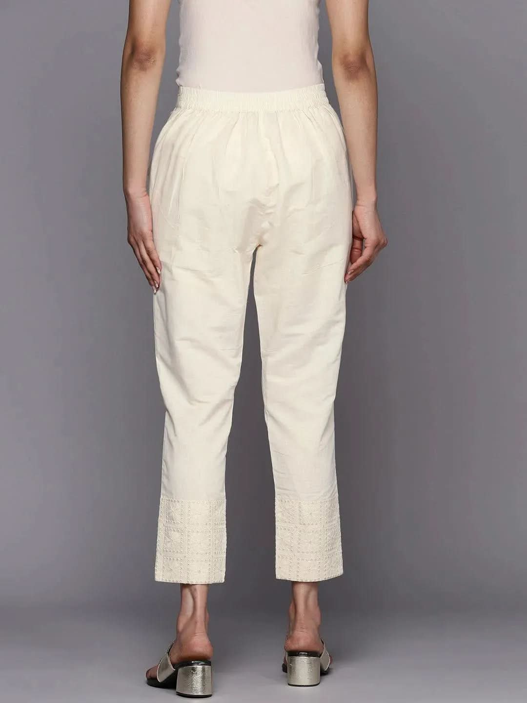 Off White Solid Cotton Trousers - Libas