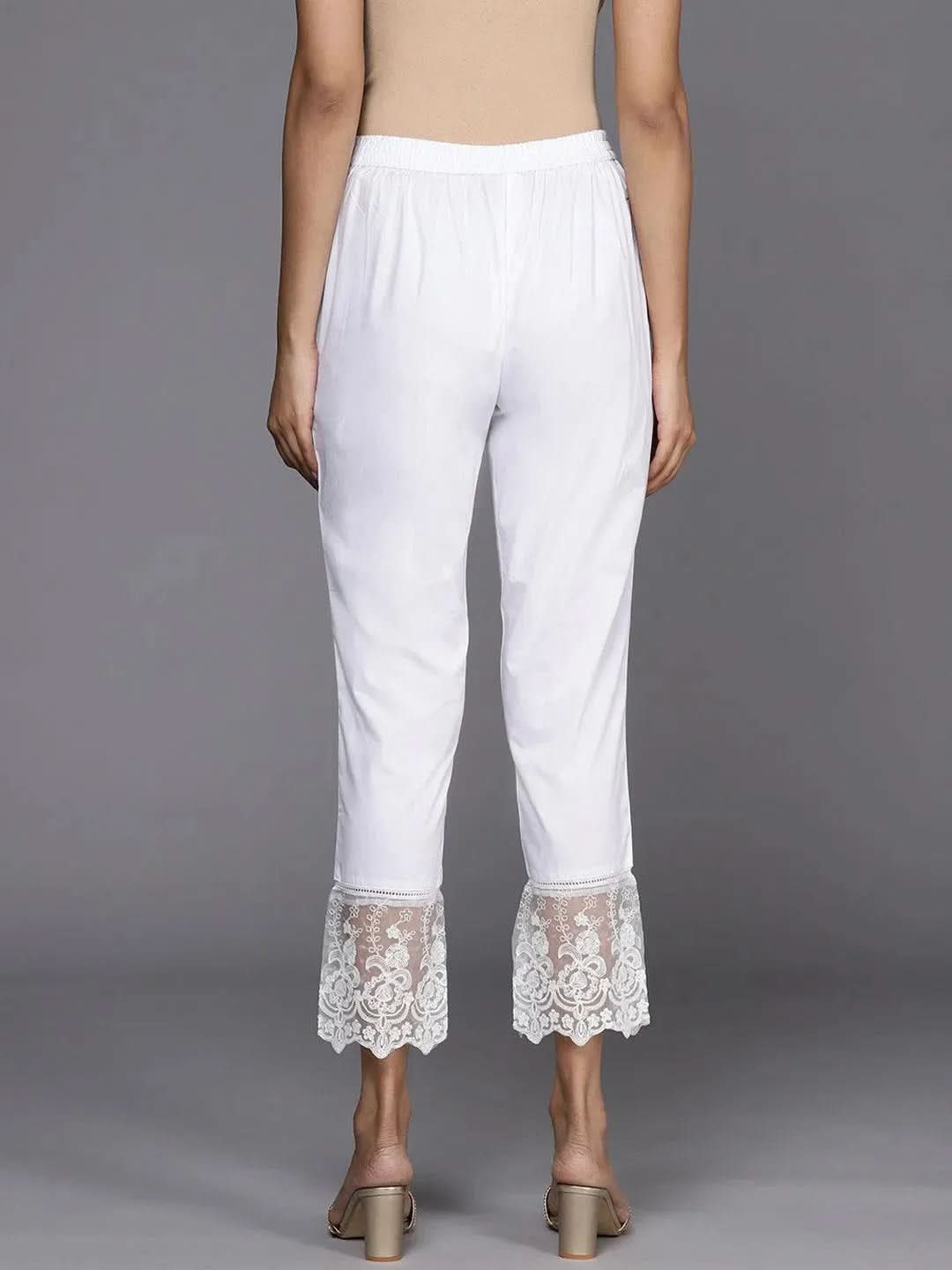 Off White Solid Cotton Trousers - Libas