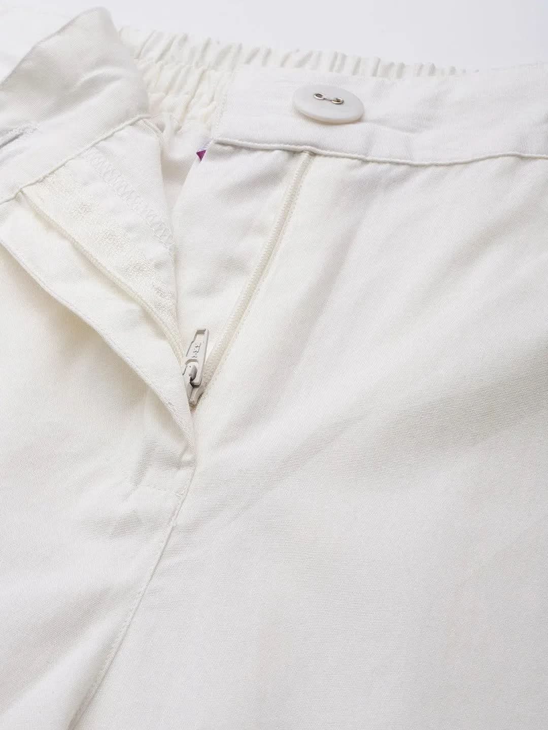 Off White Solid Cotton Trousers - Libas