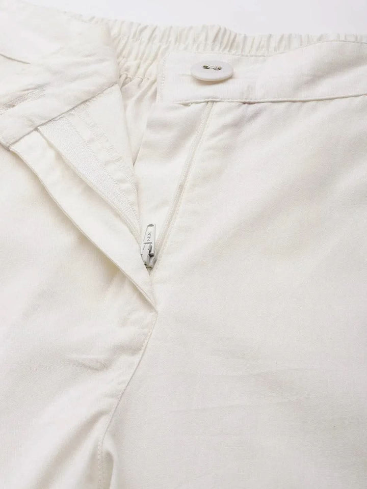 Off White Solid Cotton Trousers - Libas