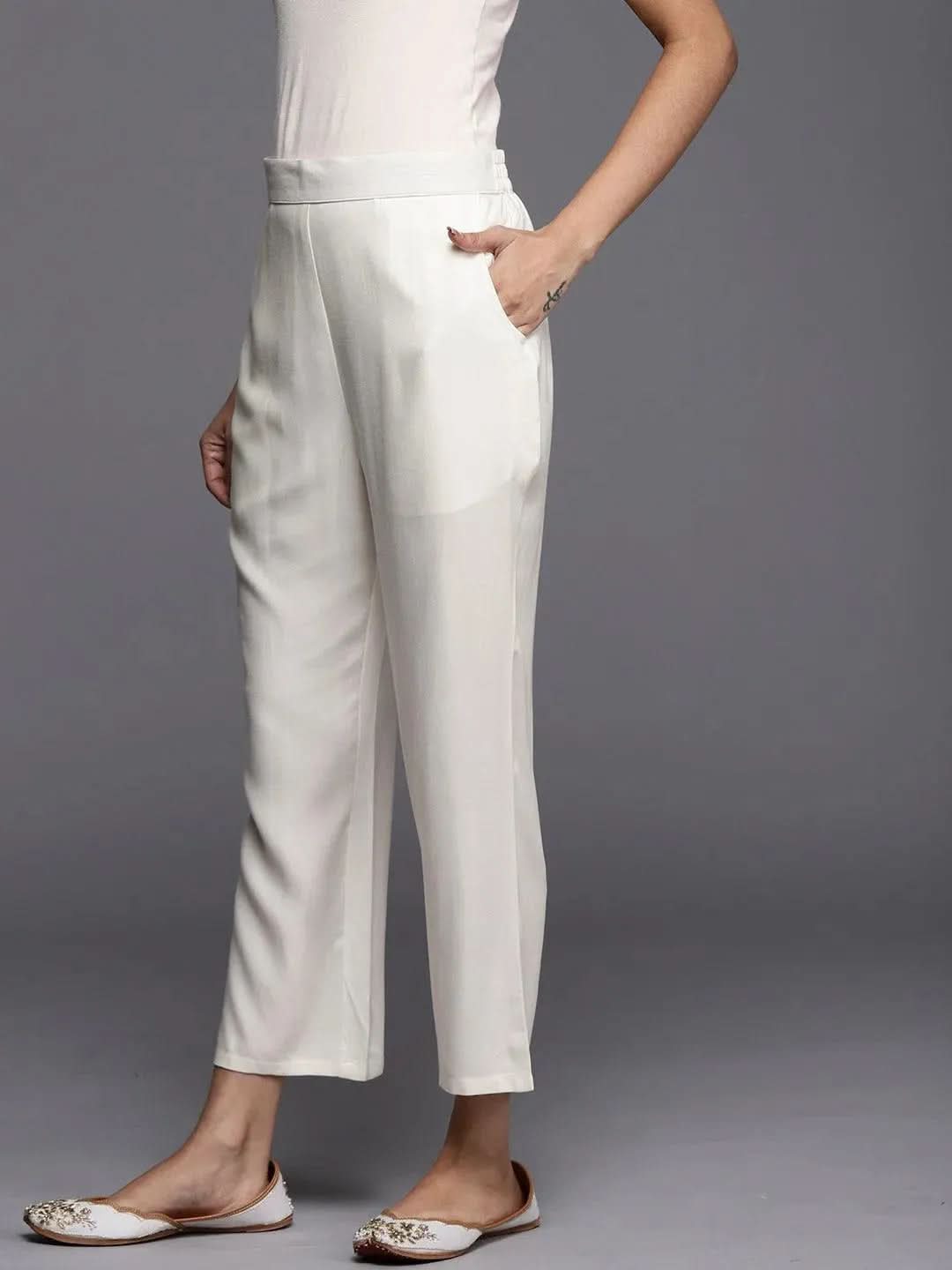 Off White Solid Pashmina Wool Trousers - Libas