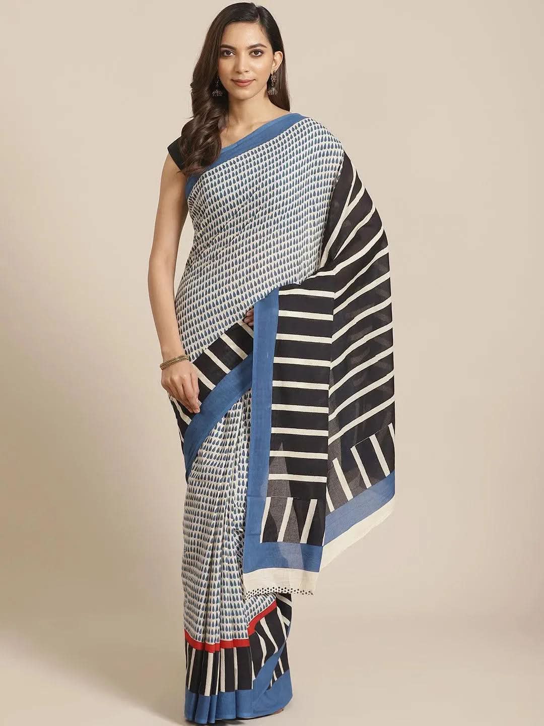 Off White Striped Cotton Saree - Libas