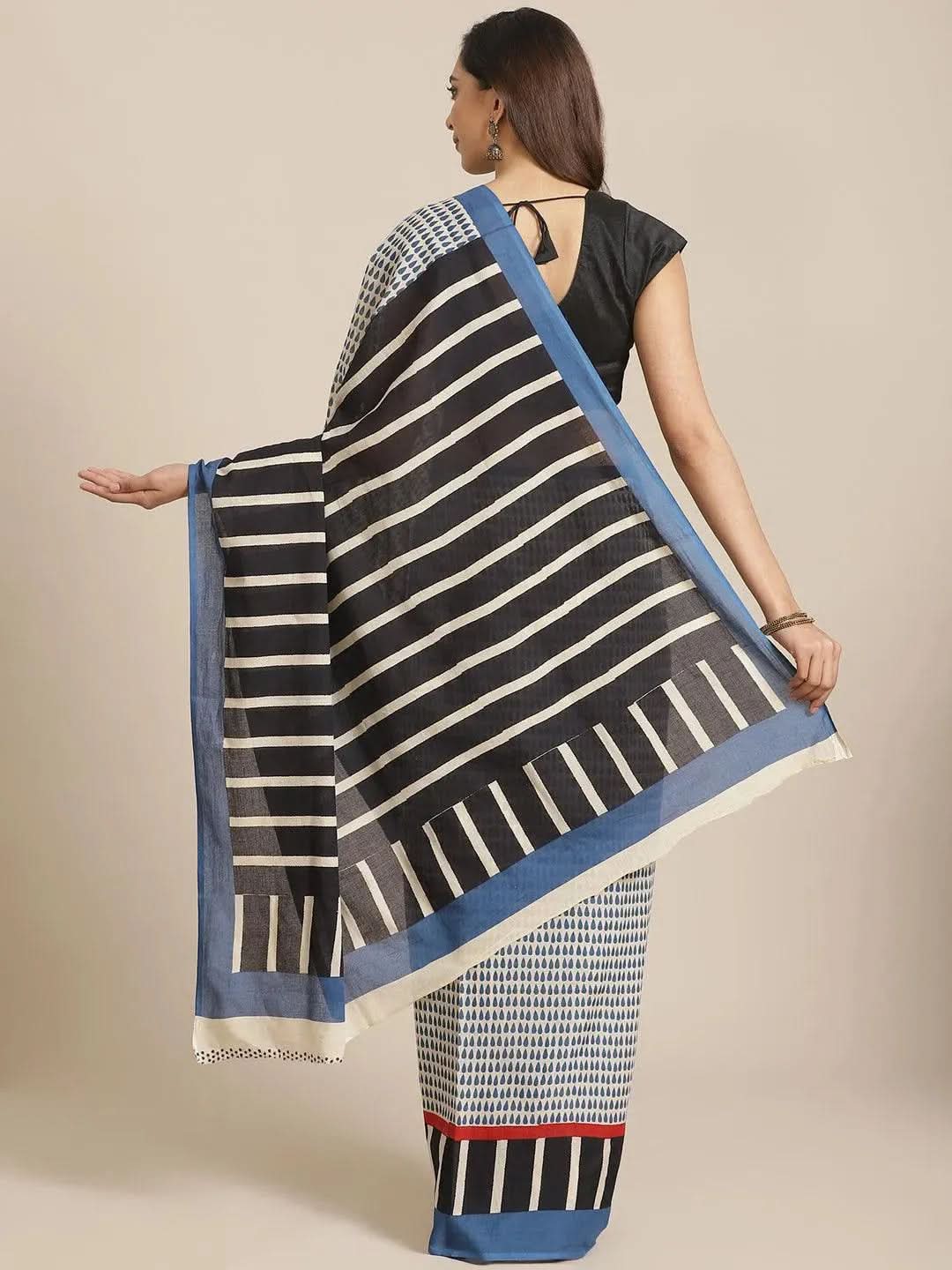 Off White Striped Cotton Saree - Libas