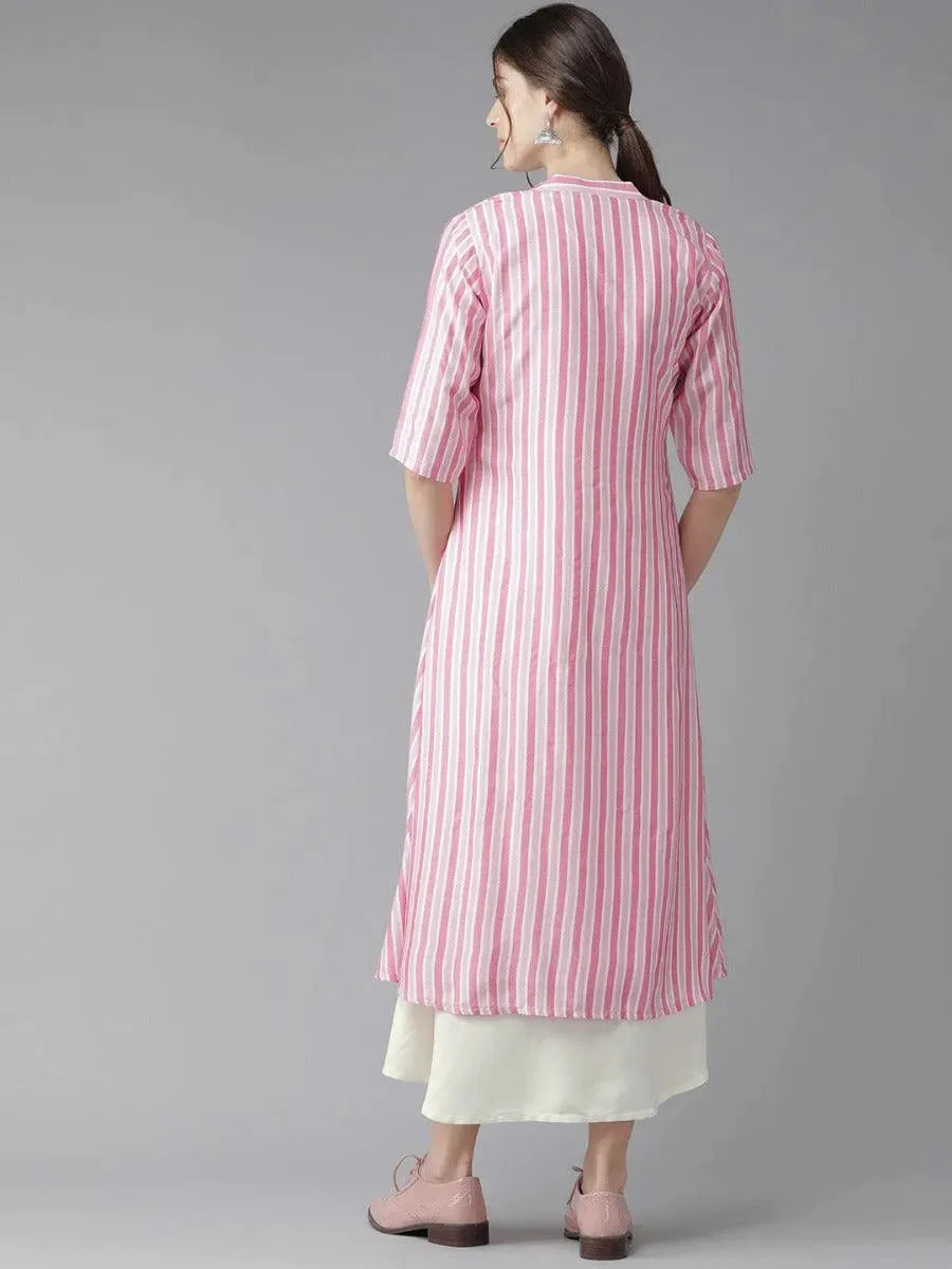Off-White Striped Rayon Dress With Jacket - Libas