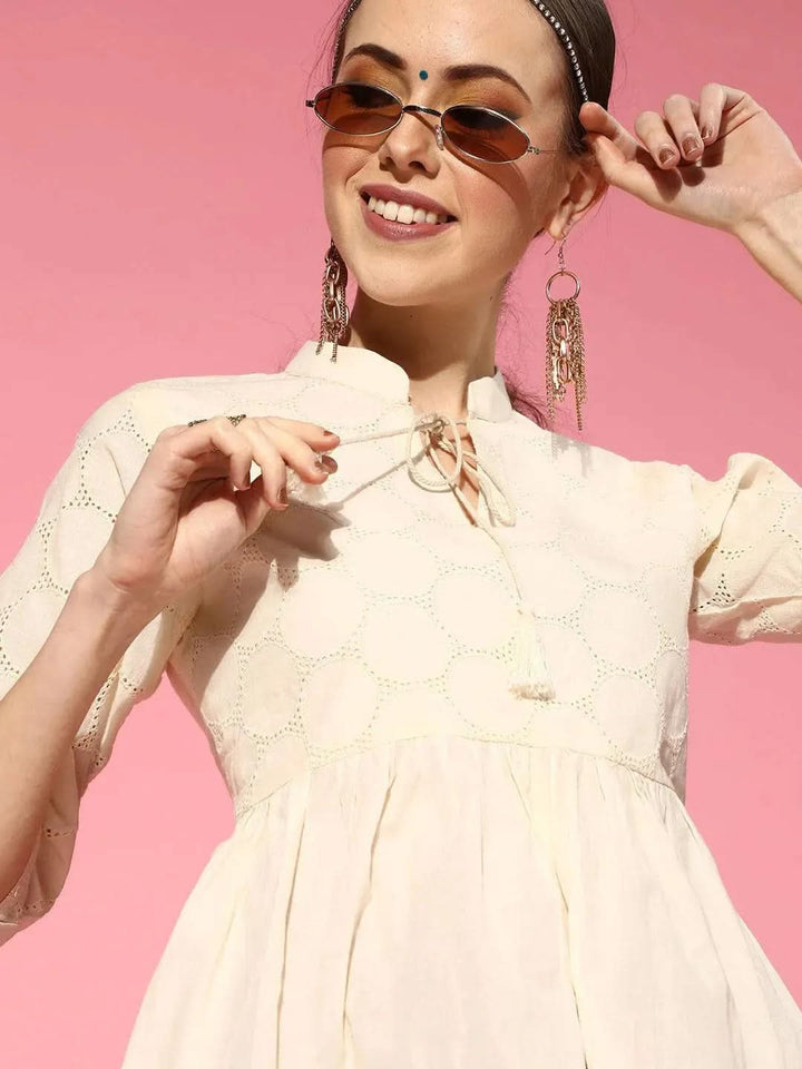 Off White Woven Design Cotton Kurti - Libas