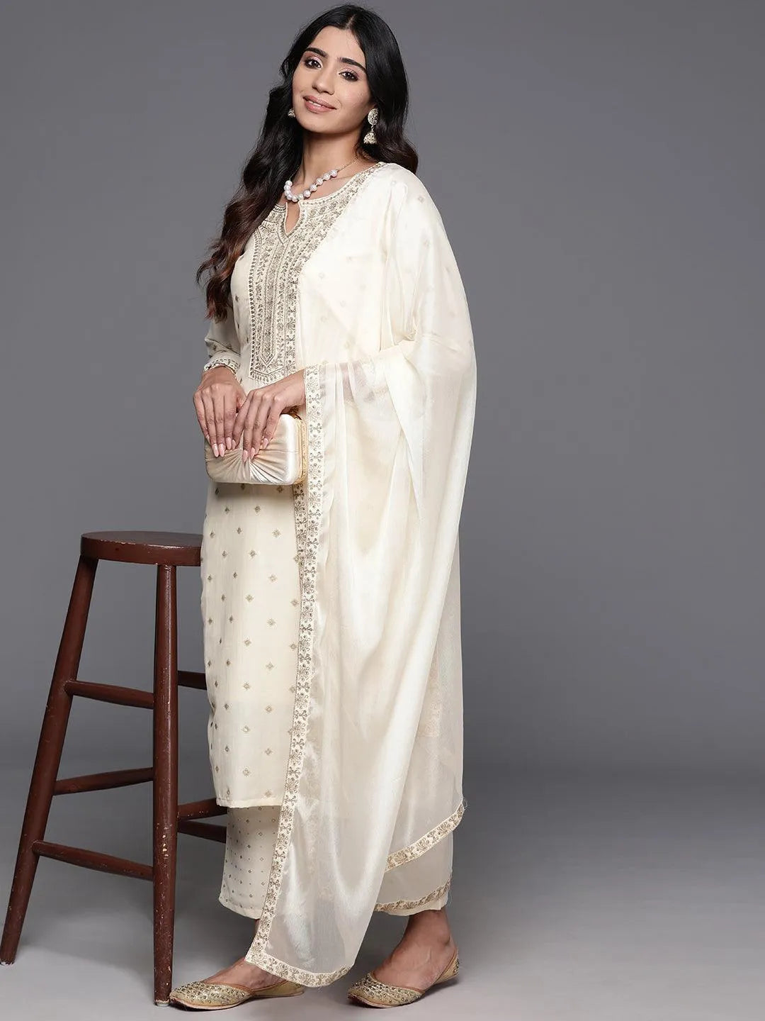 Off White Woven Design Silk Blend Straight Kurta With Trousers & Dupatta - Libas