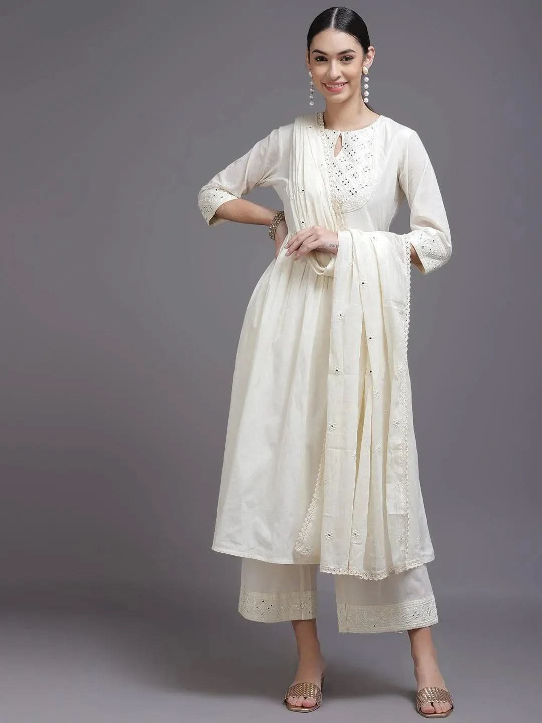 Off White Yoke Design Cotton Suit Set - Libas