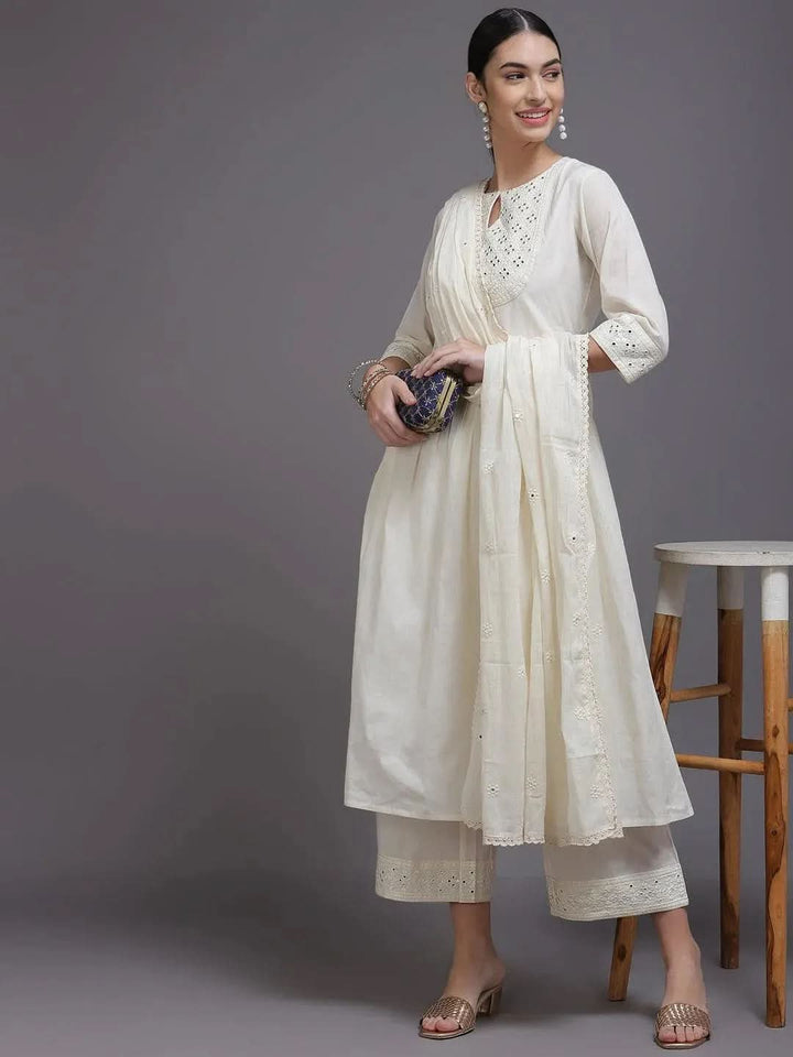 Off White Yoke Design Cotton Suit Set - Libas