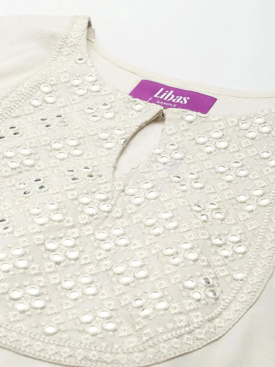 Off White Yoke Design Cotton Suit Set - Libas