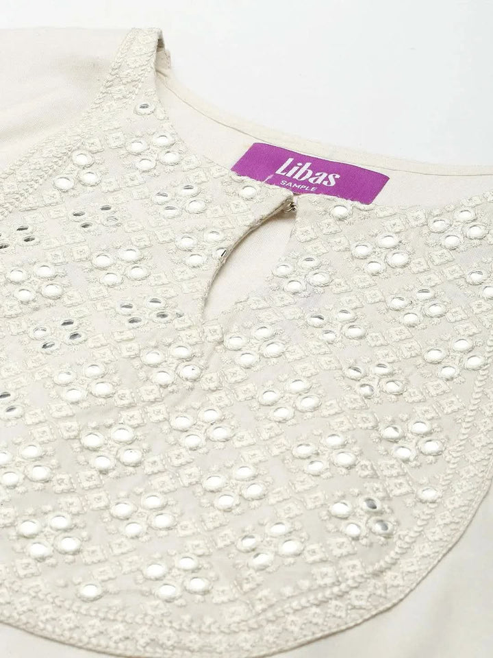 Off White Yoke Design Cotton Suit Set - Libas