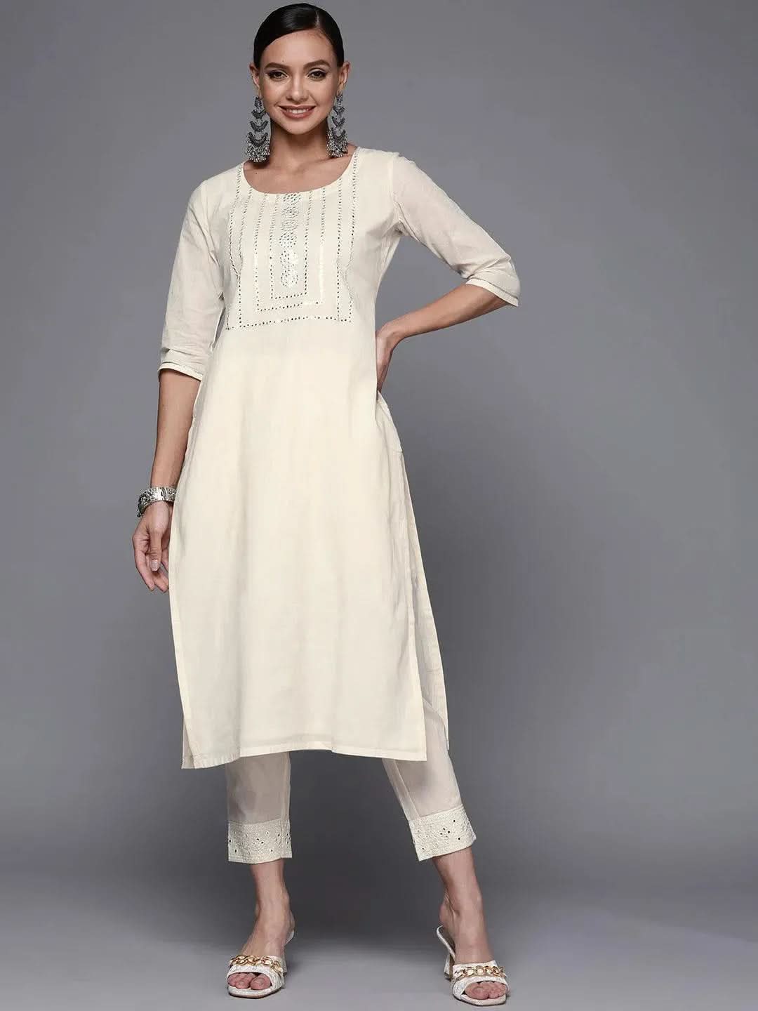 Off White Yoke Design Cotton Straight Kurta - Libas