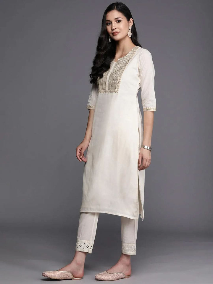 Off White Printed Cotton Straight Kurta - Libas
