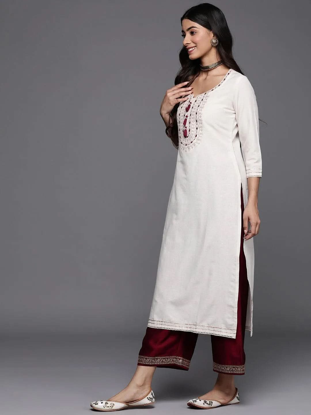 Off White Printed Cotton Straight Kurta - Libas
