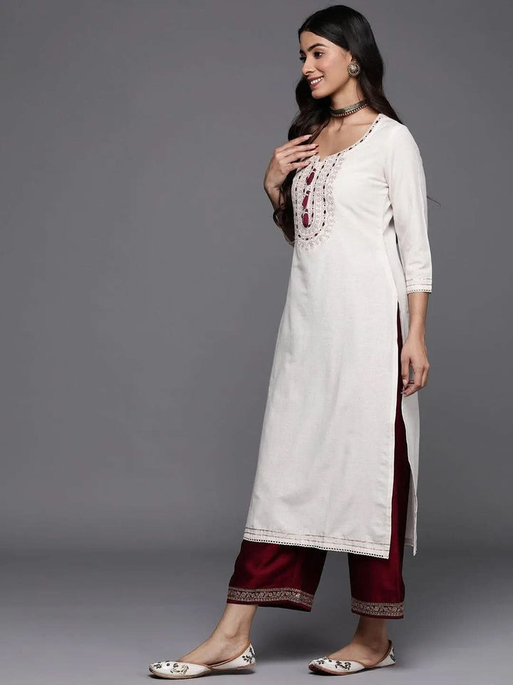 Off White Printed Cotton Straight Kurta - Libas