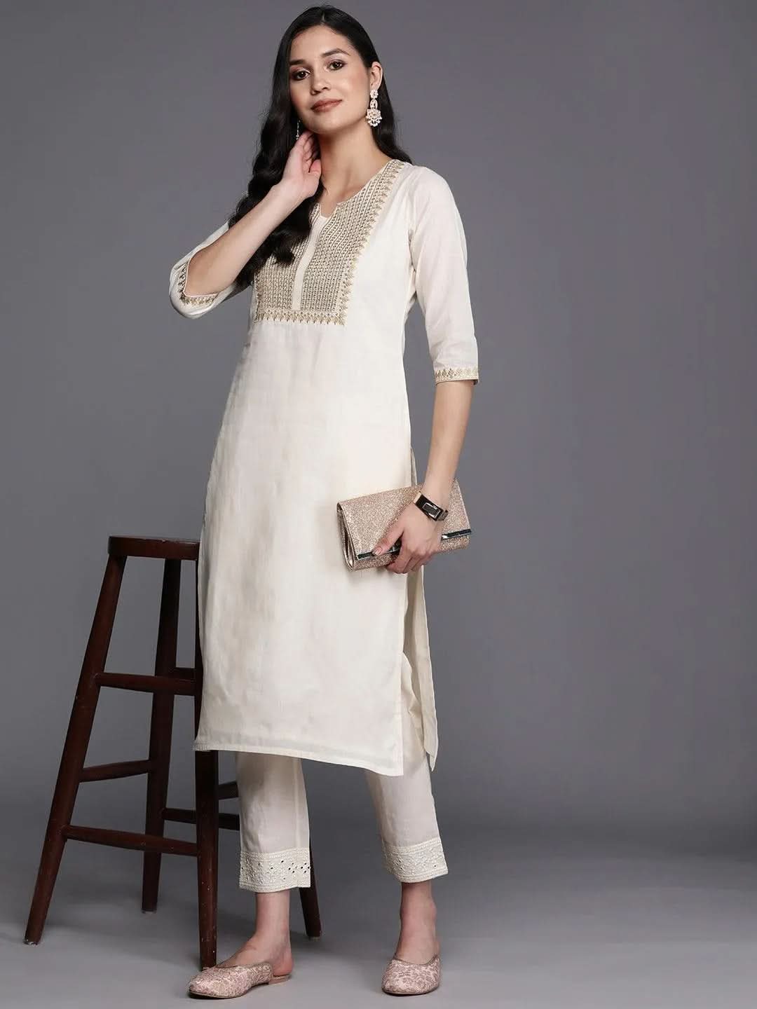 Off White Printed Cotton Straight Kurta - Libas