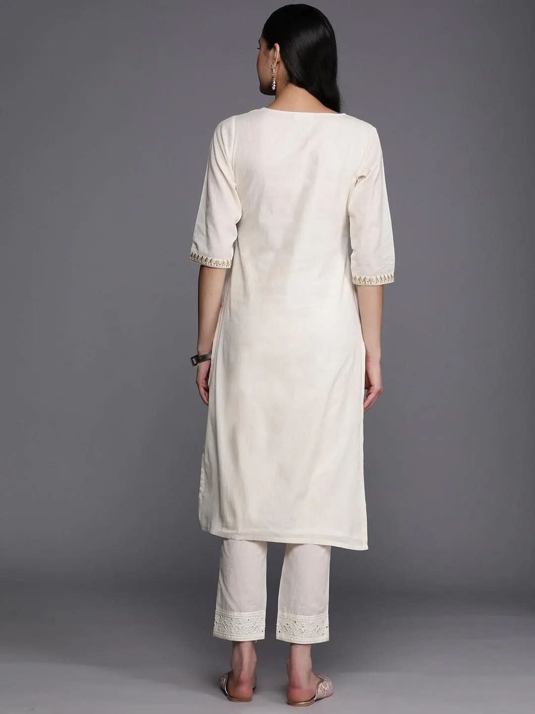 Off White Printed Cotton Straight Kurta - Libas