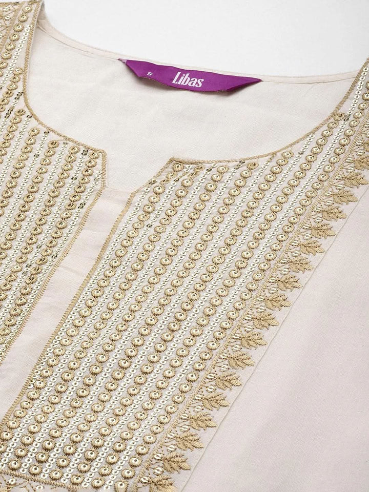 Off White Printed Cotton Straight Kurta - Libas