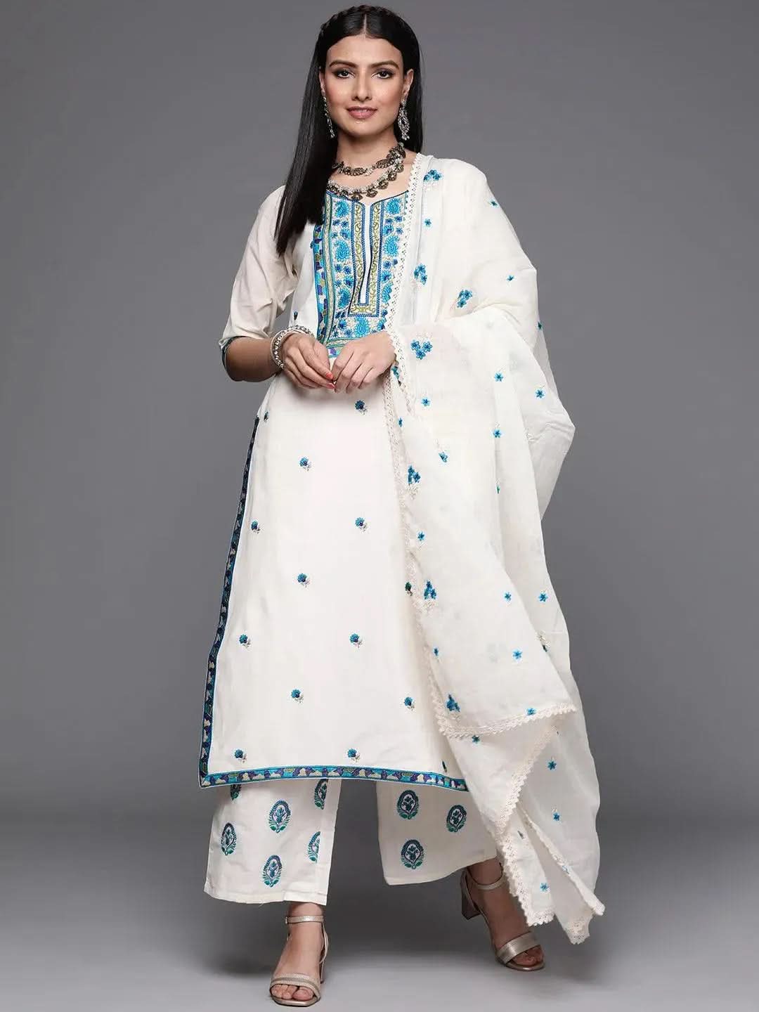 Off-White Yoke Design Cotton Straight Kurta With Palazzos & Dupatta
Off-White Yoke Design Cotton Straight Kurta With Palazzos & Dupatta