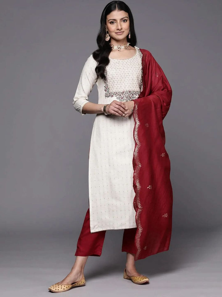 Off White Yoke Design Cotton Straight Suit Set With Trousers - Libas