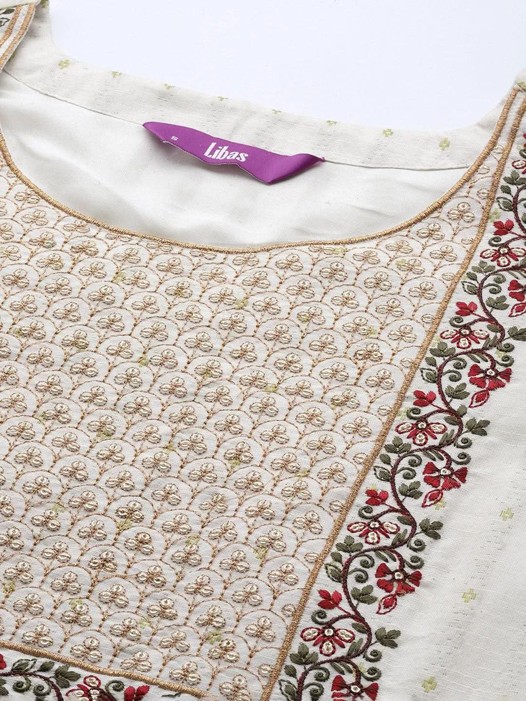 Off White Yoke Design Cotton Straight Suit Set With Trousers - Libas